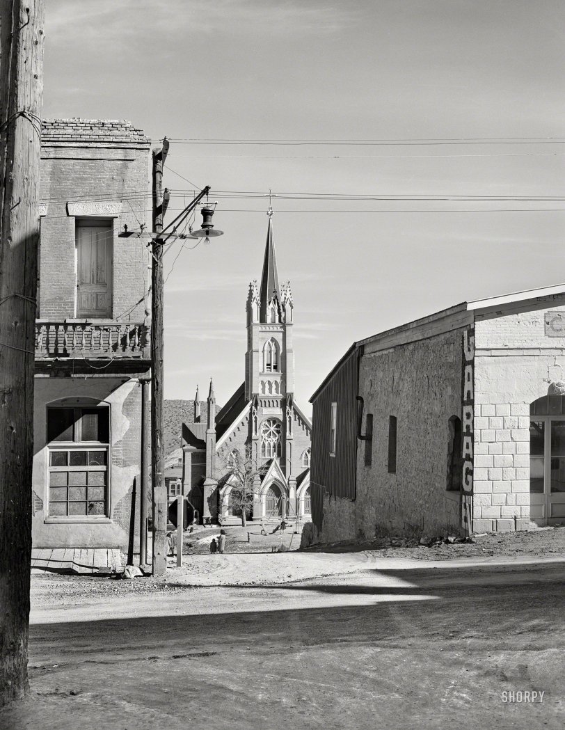 March 1940. "Side street. Virginia City, Nevada." Medium format negative by Arthur Rothstein for the Farm Security Administration. View full size.
