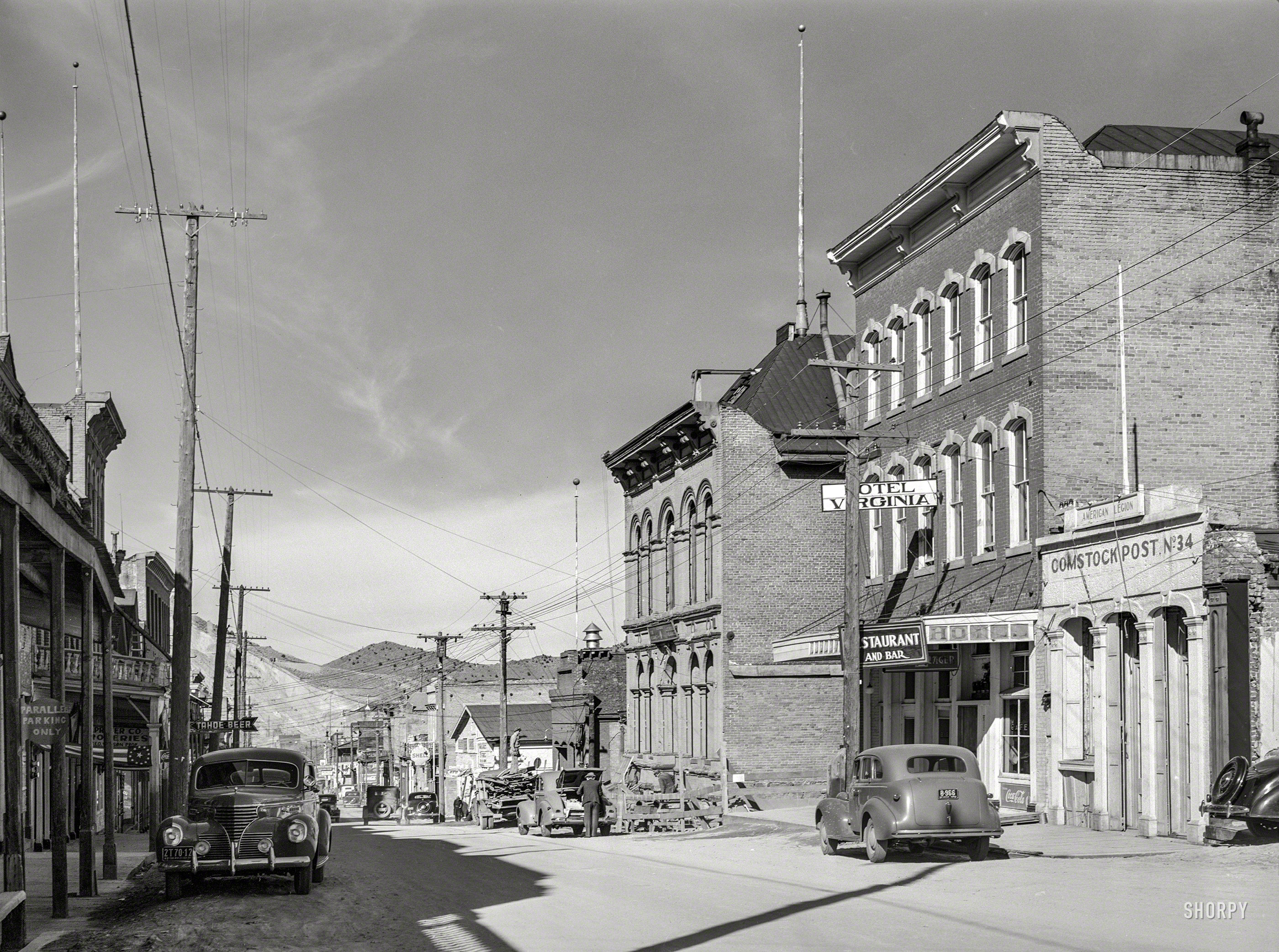 March 1940. "Main street in Virginia City, Nevada." Medium format negative by Arthur Rothstein for the Farm Security Administration. View full size.