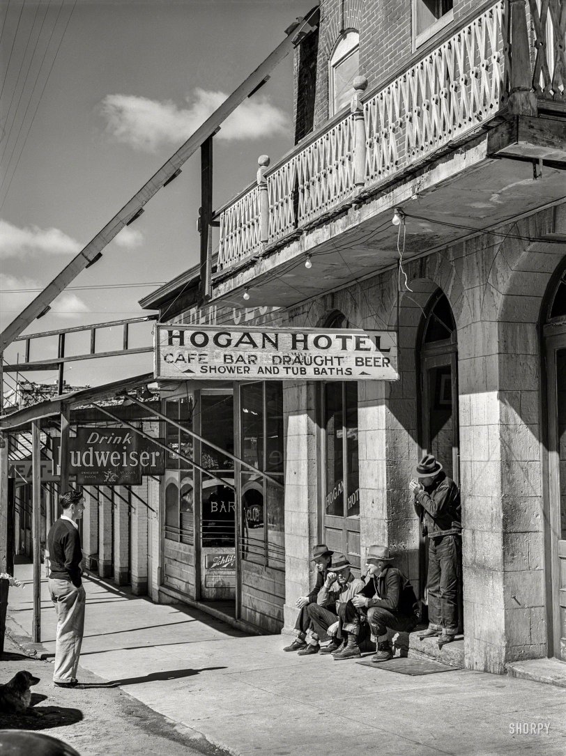 March 1940. "Hotel. Austin, Nevada." With a cameo by our stream-drinker. Photo by Arthur Rothstein for the Farm Security Administration. View full size.
