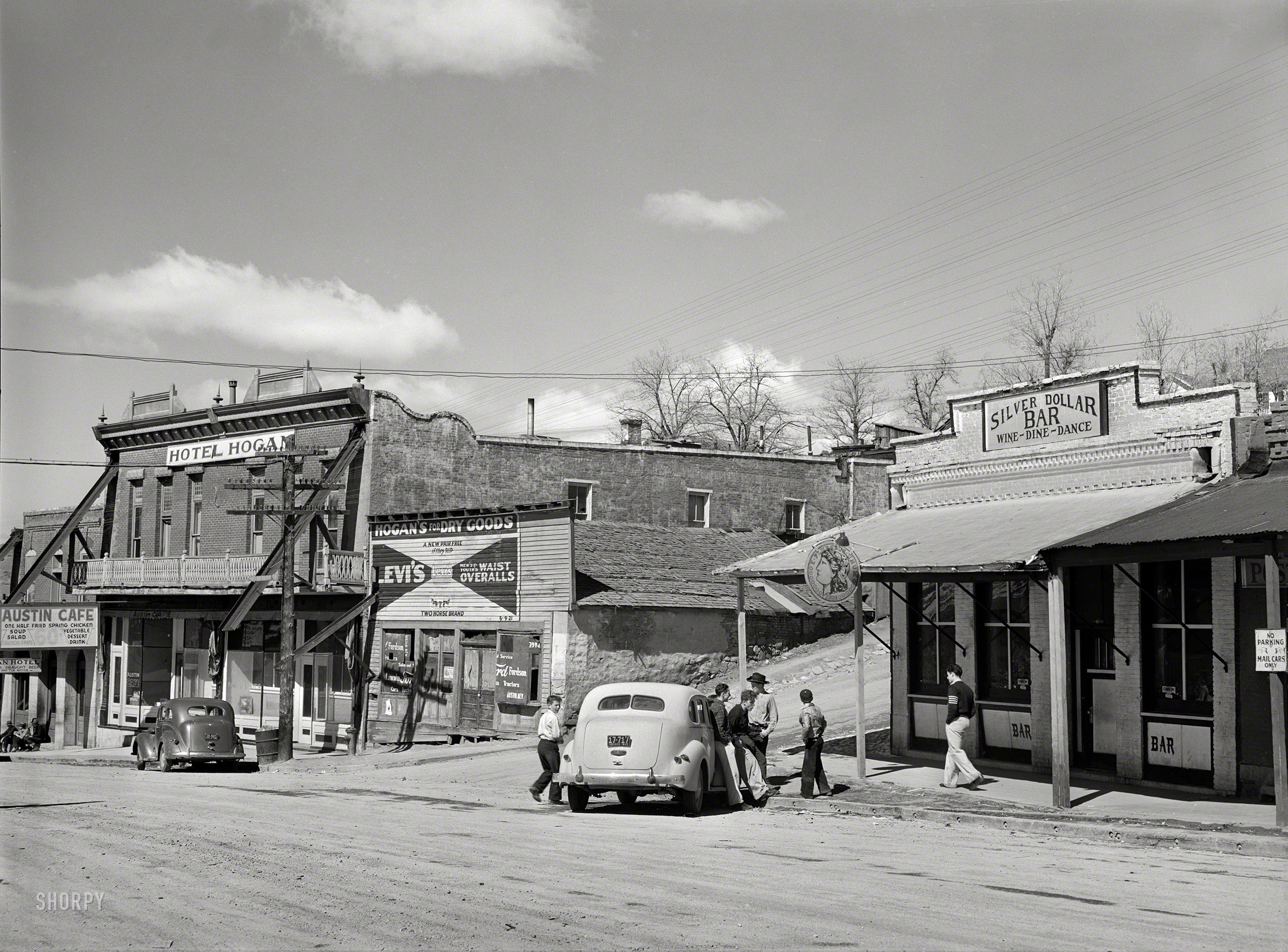 March 1940. "Main street. Austin, Nevada." Medium format negative by Arthur Rothstein for the Farm Security Administration. View full size.