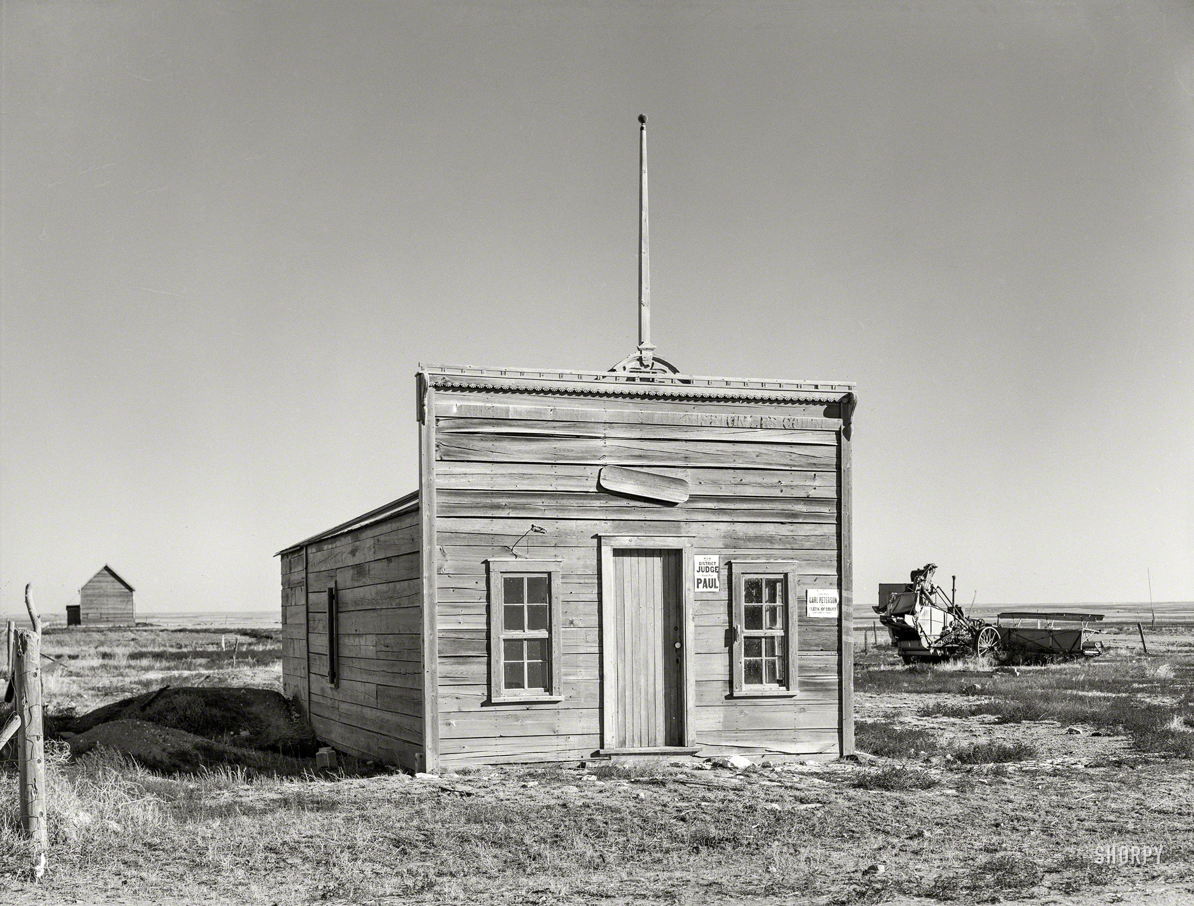 November 1937. "Old justice court and U.S. Commissioners court in Dagmar. Sheridan County, Montana." Medium format acetate negative by Russell Lee for the Farm Security Administration. View full size.