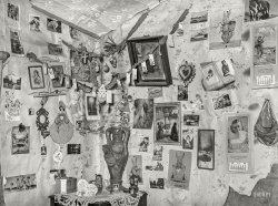 March 1939. "Decorations in corner of living room of Mexican house. San Antonio, Texas." An eclectic mix of religious and pop-culture iconography combining Jesus, Santa Claus, the Easter bunny, Valentine's Day and the Dionne Quintuplets. Photo by Russell Lee for the Farm Security Administration. View full size.
KeepersThis is a very interesting and varied collage of diverse items that apparently were of great importance to somebody and probably brought them personal happiness.  Who are we to judge?
Purr-fect Transportation!That's the C&amp;O's Chessie the cat and her kittens under the Easter bunny on the right.
The original &quot;Wall&quot;It looks a lot like my Facebook timeline. 
CalendarsAre they really, really, REALLY sure it's March?
Spying San Antonio addressesI can make out business names and addresses: Elizondo Grocery Store at 1826 Nogalitos, and California Grocery &amp; Market at 909 Ripford (which is, curiously, smack in the middle of a residential neighborhood). That would put this domicile in the neighborhood just southeast of I-35 and I-10.
(The Gallery, Russell Lee)
