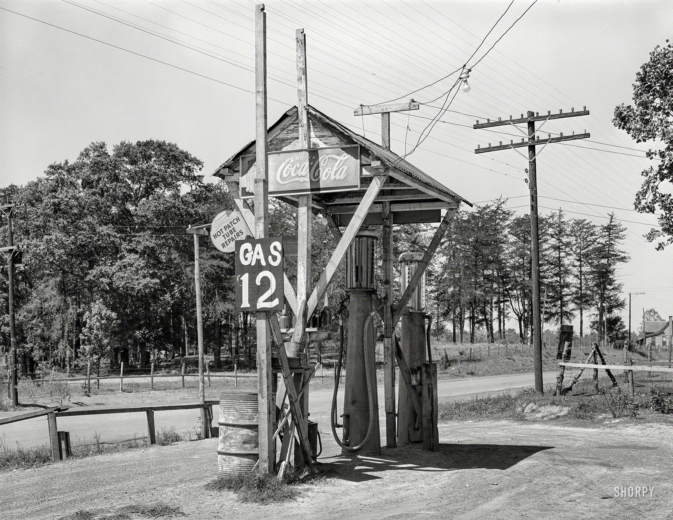 April 1939. "Service station. San Augustine, Texas." Medium format acetate negative by Russell Lee for the Farm Security Administration. View full size.