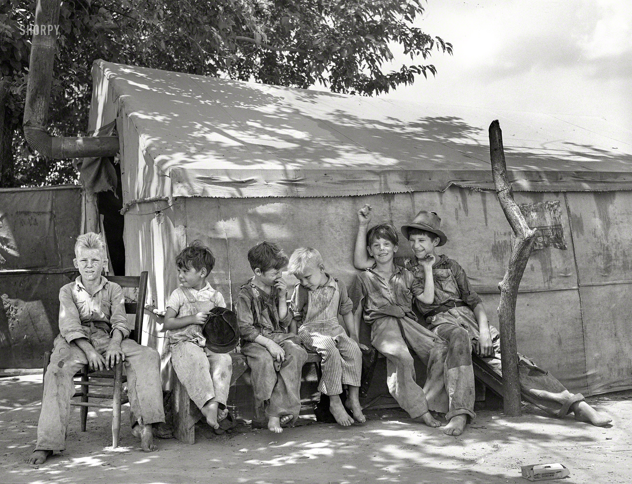 June 1939. "Sons of day laborers in tent camp near Webbers Falls, Oklahoma. Some of their fathers were agricultural workers and some were dispossessed tenant farmers now on Works Progress Administration. The WPA work is holding many of these former tenant farmers in their communities, but they are all potential migrants. None of these children had ever attended school." Photo by Russell Lee for the Farm Security Administration. View full size.