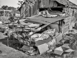 July 1939. "Bed with roof over it in May Avenue camp, Oklahoma City." Photo by Russell Lee for the Farm Security Administration. View full size.