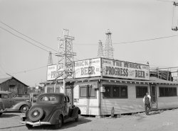 August 1939. "The Derrick, roadhouse in Oklahoma City oil field." Medium format negative by Russell Lee for the Farm Security Administration. View full size.