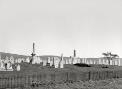&nbsp; &nbsp; &nbsp; &nbsp; Social Distancing 1.0 -- no matter how close you get, these folks are always at least six feet away.
October 1939. "Graveyard, Shaftsbury Center, Bennington County, Vermont." You can exhume the hi-res Loomises by clicking here. Acetate negative by John Vachon. View full size.
United AboveDivided Below.  (Okay, I'll bite: What's that ball?)
Now, but before the trees in frontFoo. Having once again forgotten how to embed a Street View.
(Edit: Thanks. I've told others in the past how to embed Street View, but, as happens, this time didn't find the trick. A note in the FAQ/Instructions would be handy.
2008:

)
Anyway, trees and jet trails now, but the fence remains.
Vachon had such a good eye.
An acorn?If it is a giant acorn, it is a clumsy image, given its disproportion to the tree. But a tree by itself, or an acorn by itself, might not convey anything, and an acorn proportional to the tree would not be noticed. It brings to my mind the verse from the gospel of John, "Unless a grain of wheat falls into the earth and dies, it remains alone; but if it dies, it bears much fruit." It might be difficult to portray the fall of a grain of wheat in sculpture, but a tree and an acorn seem readily intelligible.  
Not much has changedExcept for more trees.  It's always interesting to see how many more trees exist today than in America of the early 20th century.

AcornThank you for that, Archivist.  But what does the oak signify in this context?  I must confess I’m a bit adrift here.  I get that the chain is united above and divided below (whatever that really means), but does it also refer to the family – united in life, divided in death?  I’m puzzled.
Forests in New England come full circleMuch of New England was clear cut of timber in the pre-Revolutionary days to create farmland. However, once the Erie Canal, and later, the railroads, came in and opened up the fertile (and flatter) lands of the Midwest to farming, most of the agricultural lands were abandoned, and the forests regrew.  It took a couple of hundred-odd years, but now the forests are more verdant than before.
Never mind the acornThe more important part of the carving is the broken chain, symbolizing an ended life. This can also refer to the "divided below," meaning the family circle which is now broken, while "united above" refers to the deceased reunited with God in Heaven.
Clarrisa, ClarissaAnyone else notice that Clarissa's name is misspelled on her headstone?
[Or if her name is Clarrisa, the typo is on her son's headstone. - Dave]
Ah, the Loomis clan.Fairly prolific bunch of New England settler folk. Among their many descendants are such luminaries (Loomis-naries?) as Doodles Weaver and his niece Sigourney.
Got a Loomis in my own family tree, too—the same one on both sides, as a matter of fact. She's the reason my parents were seventh cousins, and the reason an ex and I (who met by chance a quarter of a world away, on another continent entirely) are eleventh cousins on both sides of our families.
New England genealogy, the source of endless amusement.
Interesting IconHere's my take. The tree is a symbol of Jesus and the cross in a lot of Christian communities worldwide. A fruit (or acorn) bearing tree would be a symbol of spiritual rebirth and to family. The chain and the caption of "United above, divided below" represents the passing away of a loved one who will be reunited with family again in heaven. Now tell me I'm wrong.
Illicit Loomis branchOne branch of New England Loomises drifted West to Madison County, New York, and for several generations were known as the “Loomis Gang,” operating out of the Nine-Mile Swamp, not far from Utica.  They alternated horse theft with other larcenies, and were adept at escaping raids by the local sheriff.  Witnesses to their offenses were often stricken with amnesia around the time the cases reached the court docket.  Only the eventual deaths of the key figures brought an end to the Gang’s colorful adventures.
(The Gallery, John Vachon)