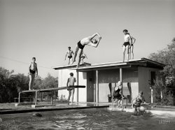 May 1940. "Youngsters in the swimming pool at the desert dude ranch at Coolidge, Arizona." Medium format negative by Russell Lee for the FSA. View full size.