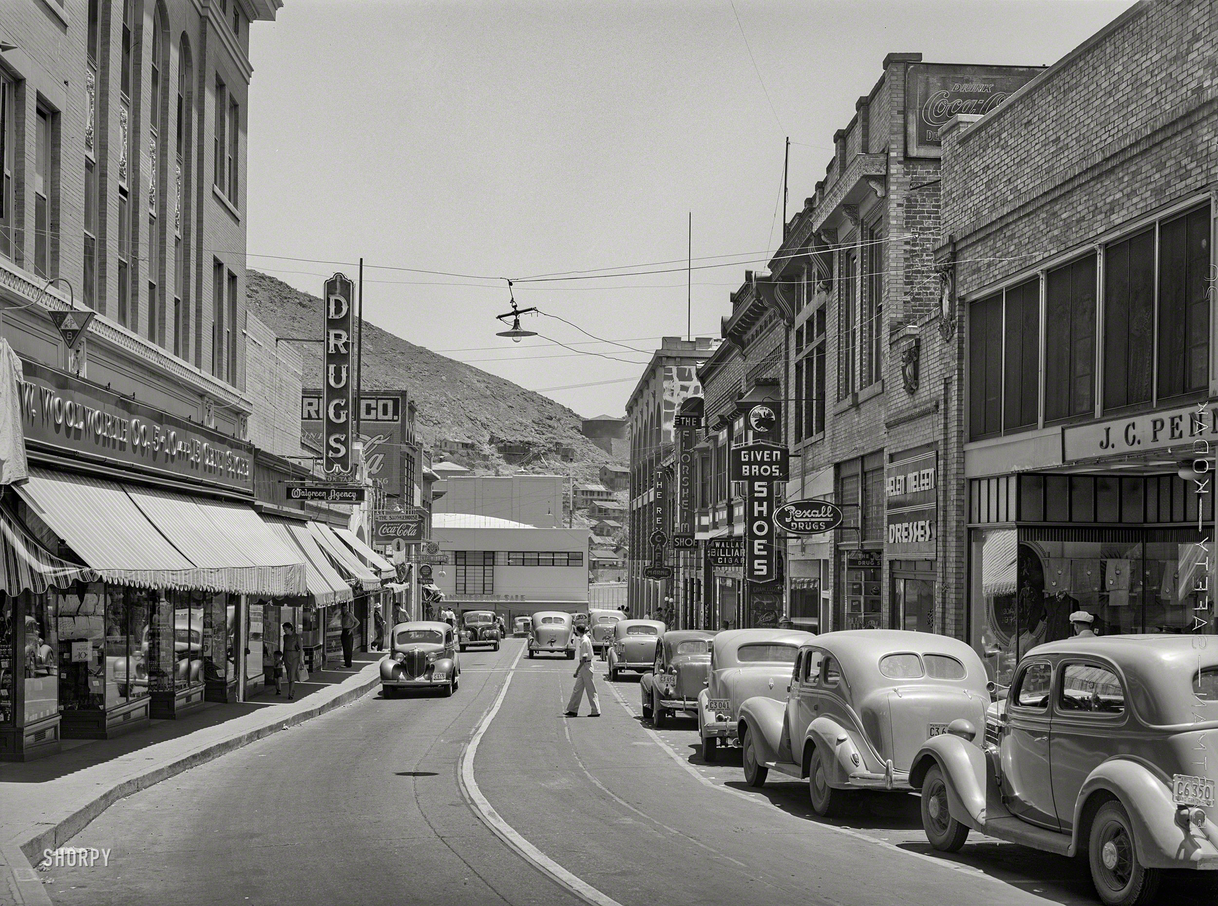 May 1940. "Main street of Bisbee, Arizona. Copper mining center." Medium format negative by Russell Lee for the Farm Security Administration. View full size.