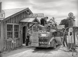 June 1940. "The stage which daily brings in mail, freight, express and passengers to Pie Town, New Mexico." Medium format acetate negative by Russell Lee. View full size.