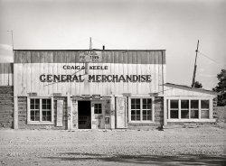 June 1940. "General store, Pie Town, New Mexico. The post office has been moved from this store to another small grocery store." Medium format negative by Russell Lee. View full size.