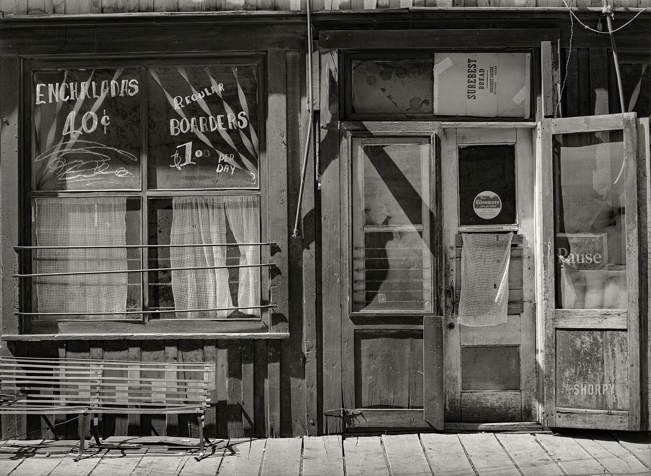 June 1940. "Detail of front of store building. Mogollon, New Mexico." Photo by Russell Lee for the Farm Security Administration. View full size.