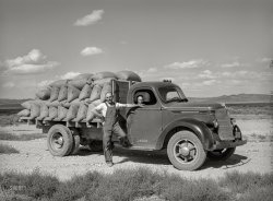 August 1940. "Farm Security Administration cooperative truck. Oneida County, Idaho." Medium format negative by Russell Lee for the FSA. View full size.