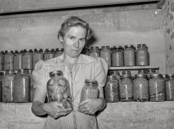 August 1940. "Wife of Mormon farmer with canned goods. Snowville, Utah." Medium format acetate negative by Russell Lee for the Farm Security Administration. View full size.