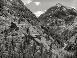 September 1940. "Abandoned gold mill along Million Dollar Highway immediately south of Ouray, Colorado, in Ouray County." Medium format acetate negative by Russell Lee for the Farm Security Administration. View full size.