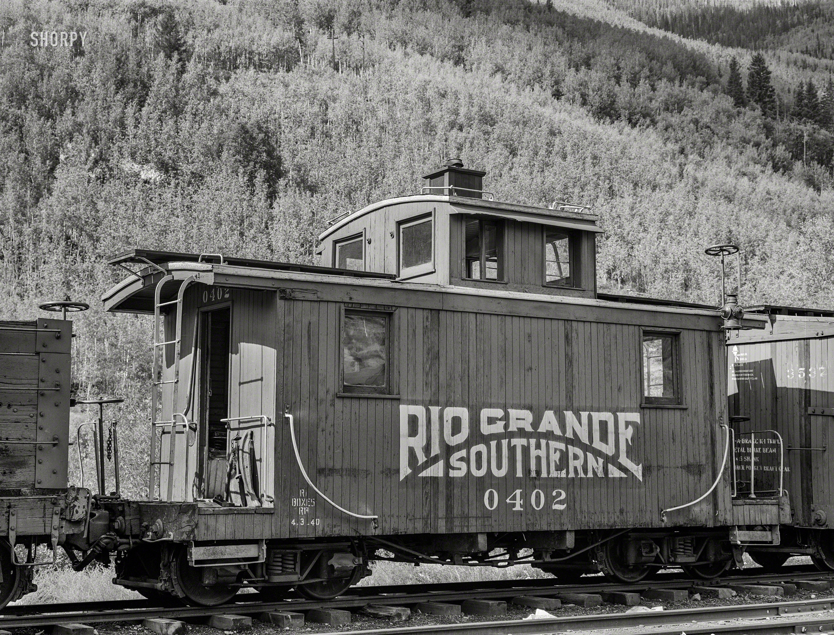 September 1940. "Caboose of the Rio Grande Southern narrow gauge railway. Telluride, Colorado." Acetate negative by Russell Lee for the Farm Security Administration. View full size.