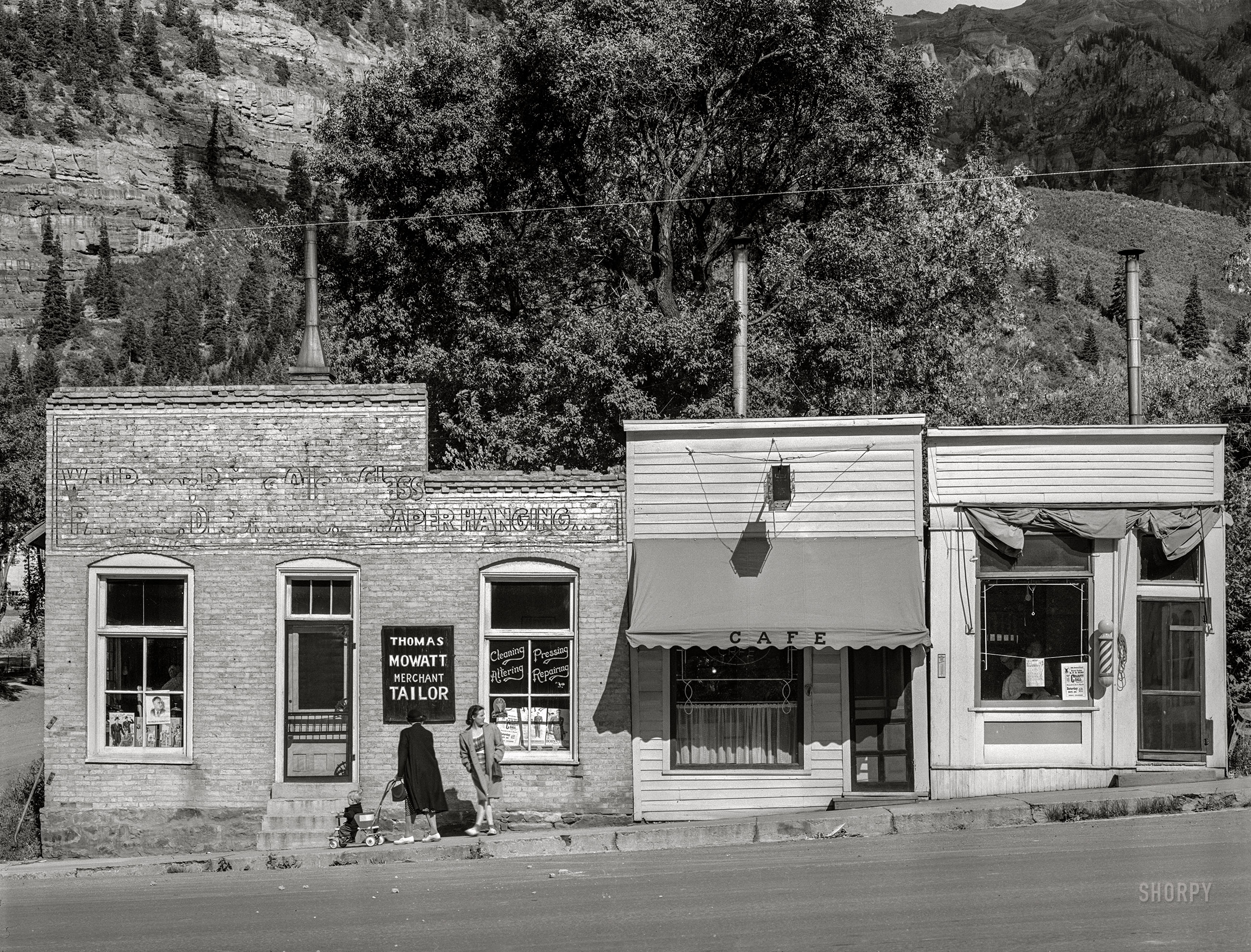 September 1940. "Small business establishments. Ouray, Colorado." Medium format acetate negative by Russell Lee for the Farm Security Administration. View full size.