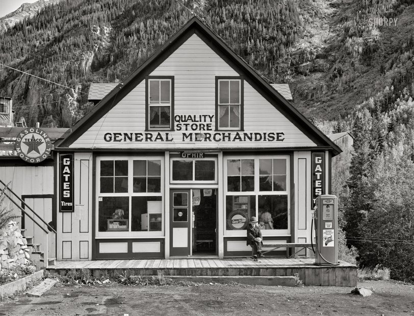 September 1940. "General store. Ophir, Colorado, a small gold mining town on the side of a mountain." Photo by Russell Lee for the Farm Security Administration. View full size.
