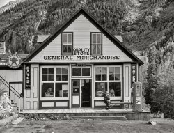 September 1940. "General store. Ophir, Colorado, a small gold mining town on the side of a mountain." Photo by Russell Lee for the Farm Security Administration. View full size.