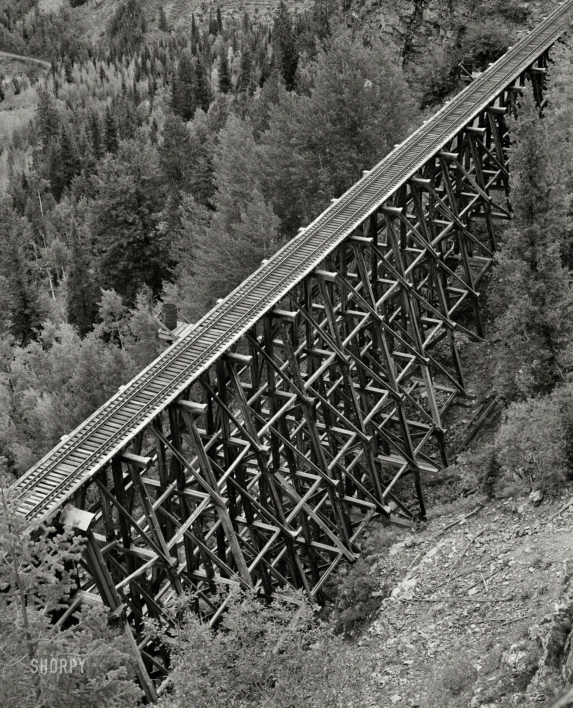 September 1940. "Trestle of narrow gauge railroad near Ophir, Colorado." Acetate negative by Russell Lee for the Farm Security Administration. View full size.