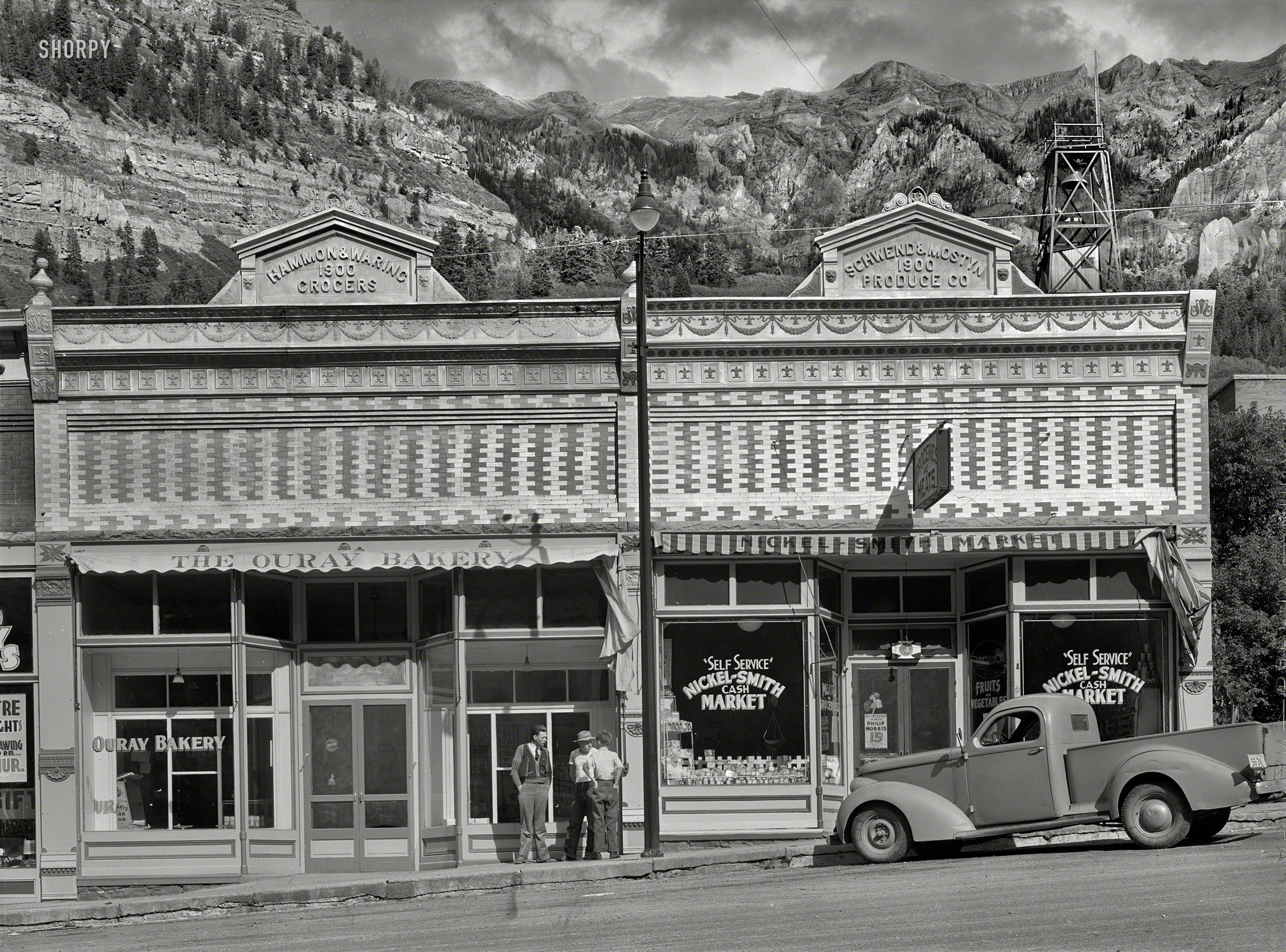 September 1940. "Store buildings at Ouray, Colorado." Medium format acetate negative by Russell Lee for the Farm Security Administration. View full size.