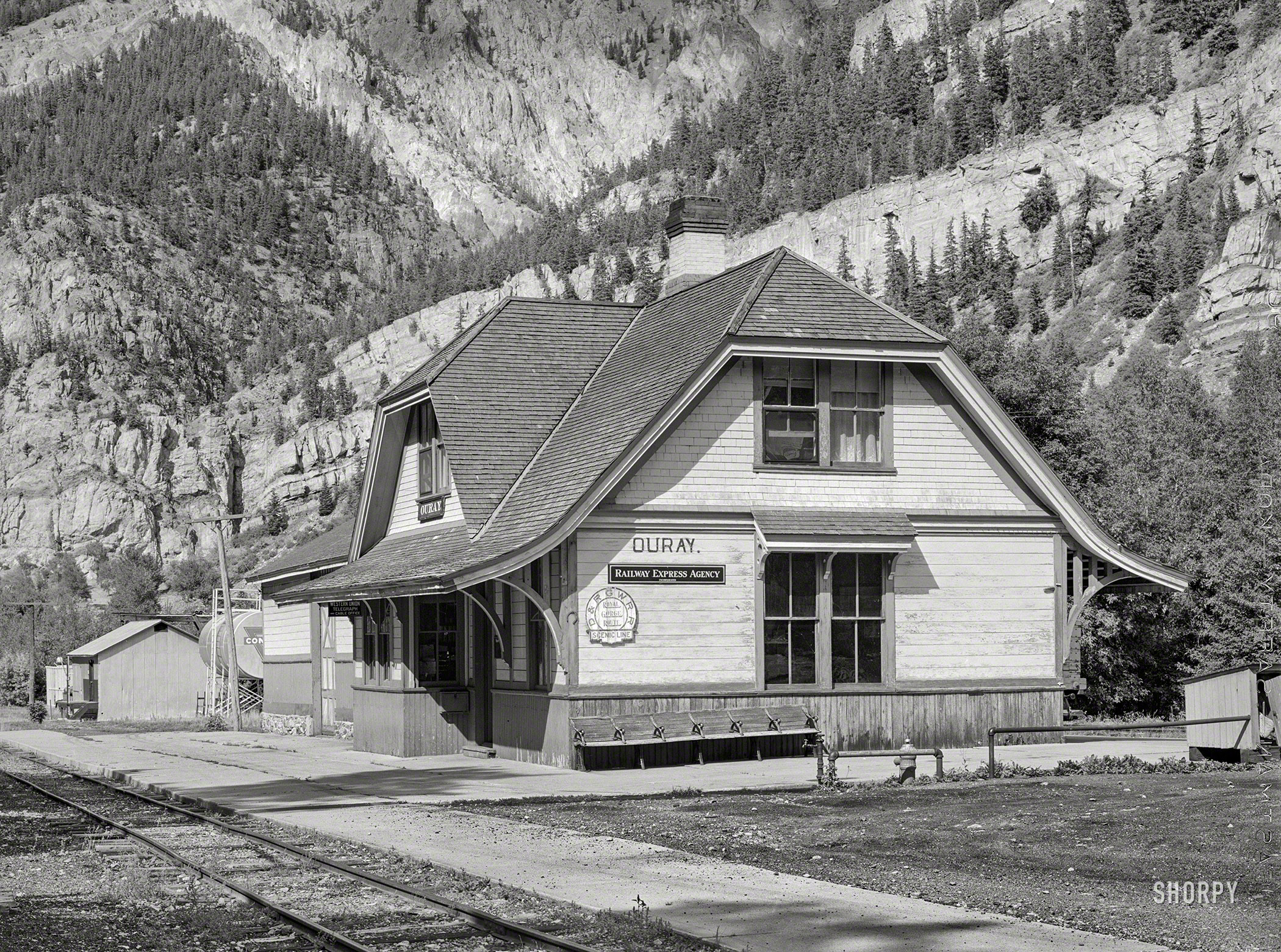 September 1940. "Station of the Denver & Rio Grande Western Railroad at Ouray, Colorado. This narrow-gauge line formerly had passenger service but now is confined to freight service." Acetate negative by Russell Lee. View full size.