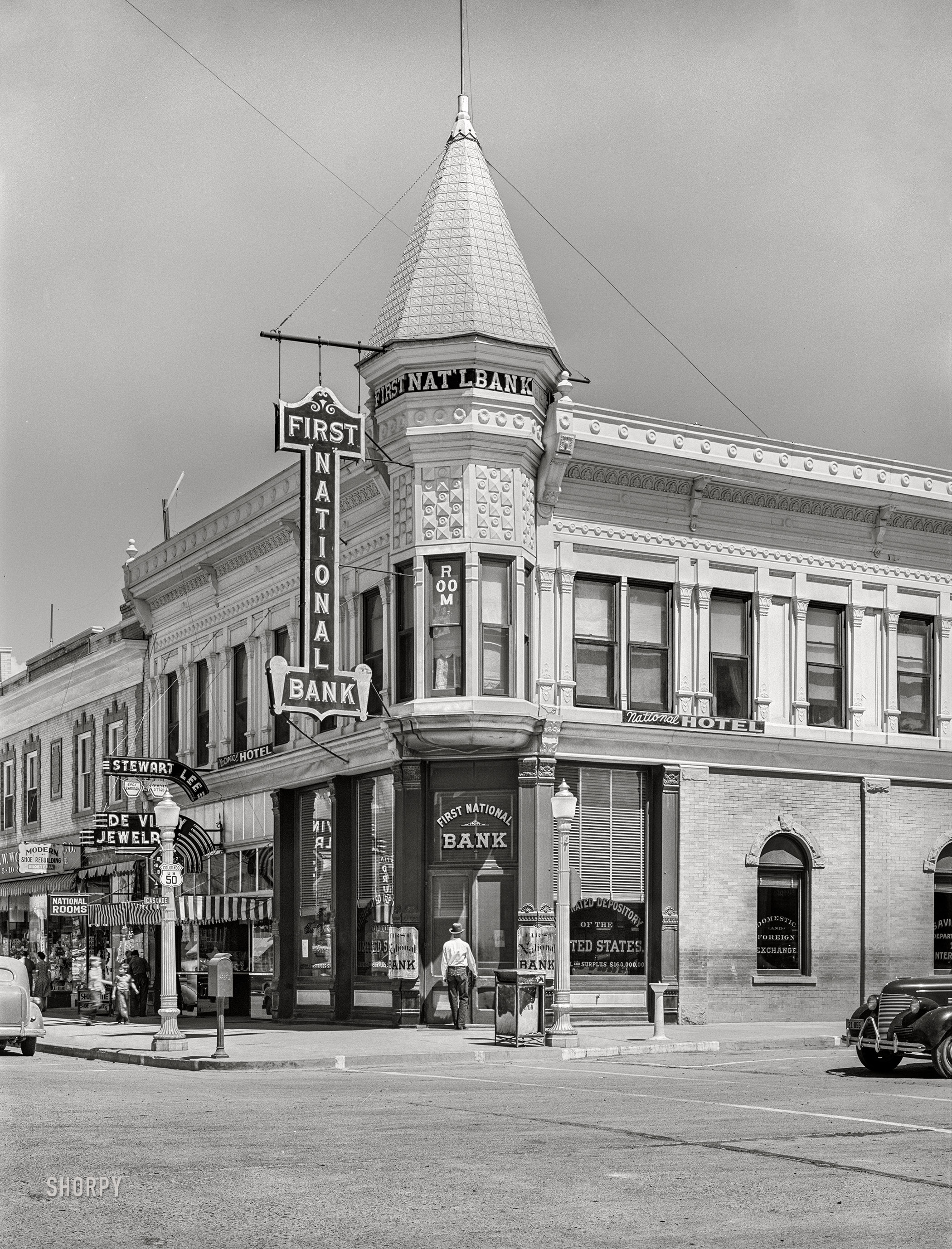 September 1940. "Montrose, Colorado. Old bank." And "Shoeteria." Medium format acetate negative by Russell Lee for the Farm Security Administration. View full size.