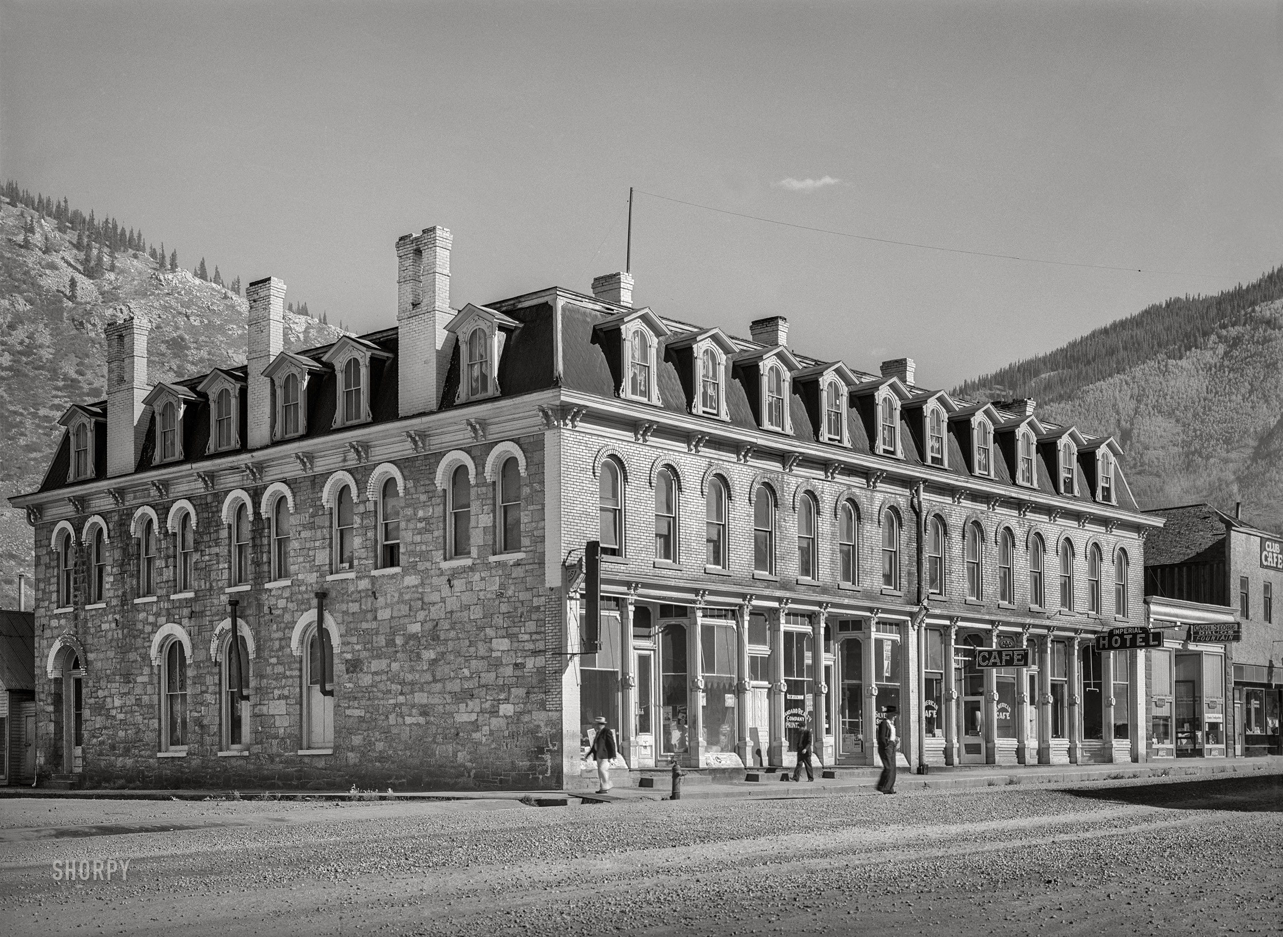 September 1940. "Old Imperial hotel built in Silverton, Colorado, during its heyday." Medium format acetate negative by Russell Lee for the Farm Security Administration. View full size.