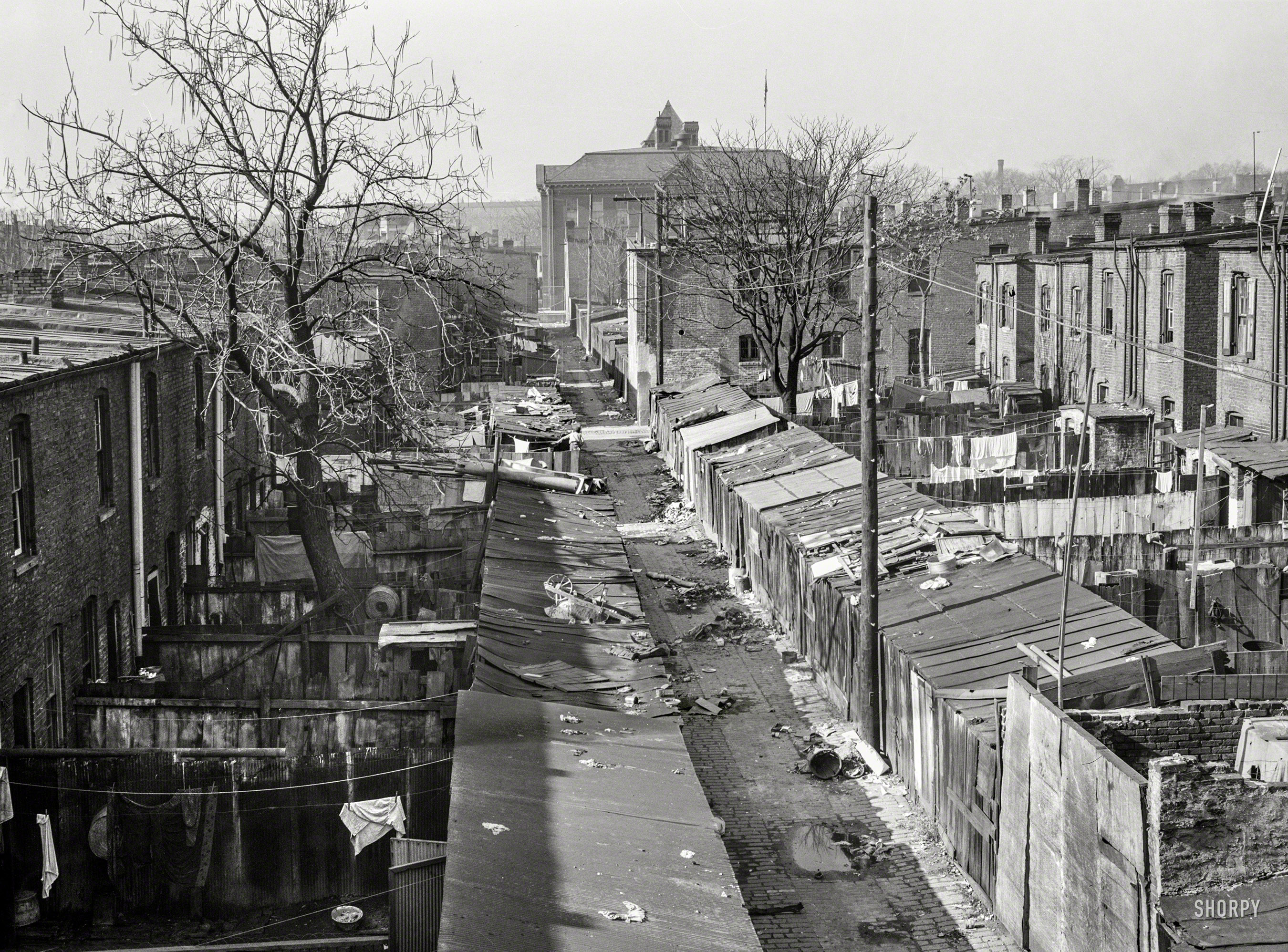 November 1935. "View of alley between K and L streets in Northwest Washington behind North Capitol Street. Blake School in background." Medium format negative by Carl Mydans for the Resettlement Administration. View full size.
