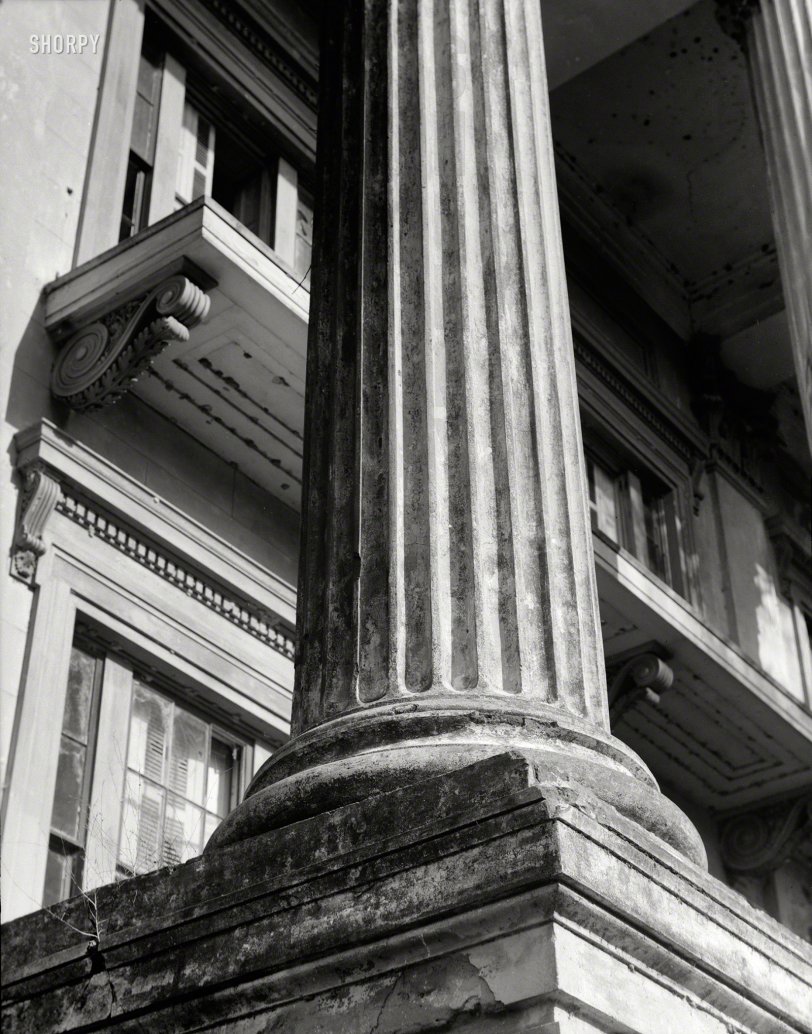 Circa 1936. "Belle Grove Plantation, Louisiana, 1858. Closeup of column." Photo by Walker Evans for the Resettlement Administration. View full size.
