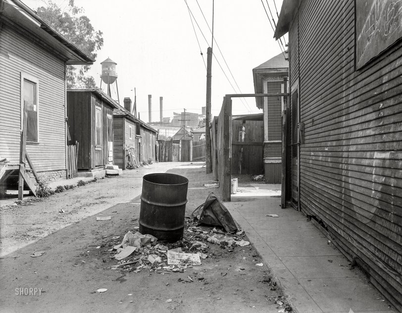 February 1936. "Mexican quarter of Los Angeles. One-quarter mile from the City Hall. Average rent eight dollars monthly. Area has been condemned and will be torn down shortly." 4x5 inch nitrate negative by Dorothea Lange for the Resettlement Administration. View full size.
