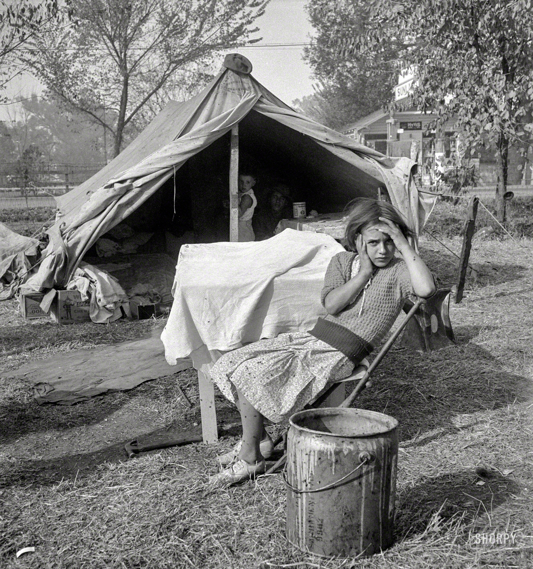 November 1936. "Children and home of cotton workers at migratory camp in southern San Joaquin Valley, California." Medium format negative by Dorothea Lange for the Farm Security Administration. View full size.