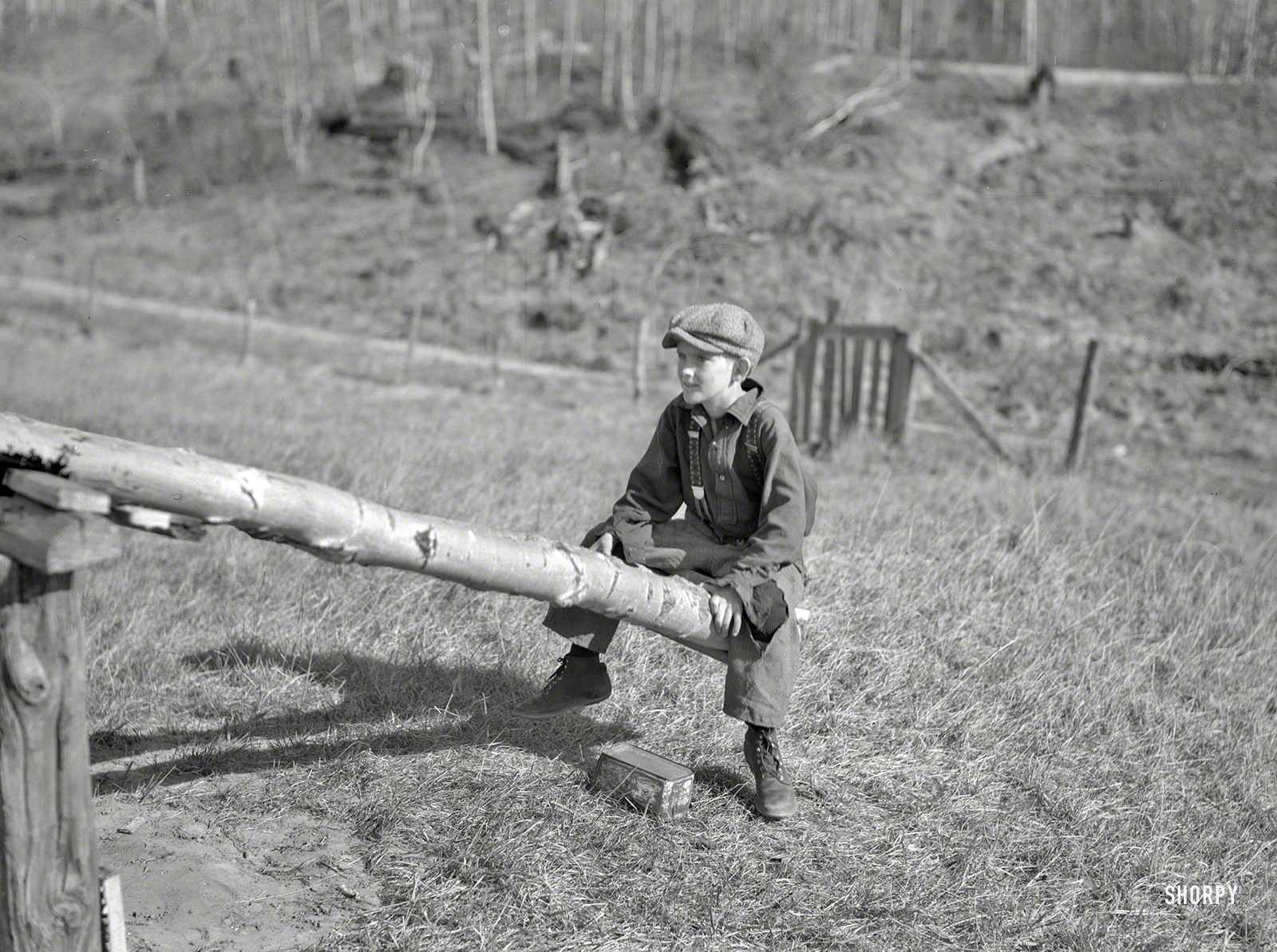 May 1937. "One of Max Sparks' children playing on homemade teeter-totter near Long Lake, Wisconsin." Medium format negative by Russell Lee. View full size.