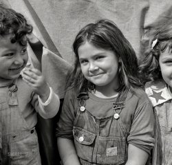 March 1937. "Children of migratory carrot pullers, Mexicans. Imperial Valley, California." Medium format negative by Dorothea Lange. View full size.