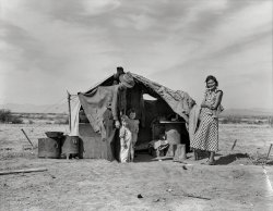 Spring 1937. "This family without food and work about to be returned to Oklahoma by the Relief Administration. They have lost a baby as a result of exposure during the winter. Had to sell their tent and car to buy food. Neideffer Camp, Holtville, Imperial Valley, California." Photo by Dorothea Lange for the Resettlement Administration. View full size.