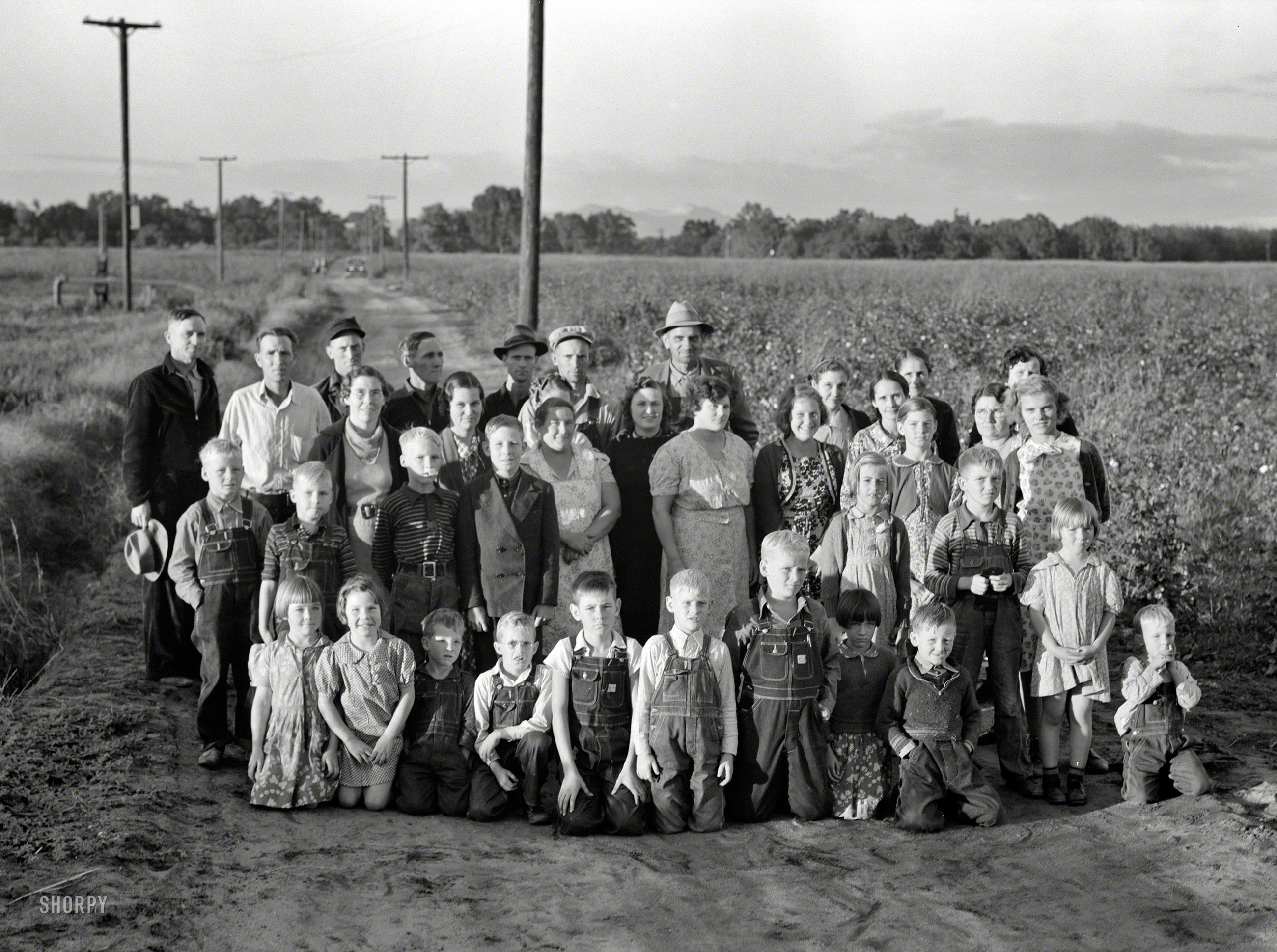 November 1938. "Visalia (vicinity), Tulare County, California. Miners' cooperative farm. Ten families have been established on the old ranch of 500 acres, which they operate as a farm unit, raising cotton, alfalfa and dairy products for cash crops." Photo by Dorothea Lange for the Farm Security Administration. View full size.