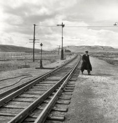June 1939. Carlin, Nevada. "Brakeman on the Union Pacific Challenger." Photo by Dorothea Lange for the Farm Security Administration. View full size.