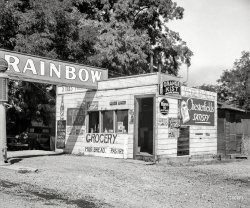 August 1939. "Crossroads grocery store and filling station, typical of many such small enterprises in new community. Yakima, Washington, Sumac Park." Photo by Dorothea Lange for the Resettlement Administration. View full size.