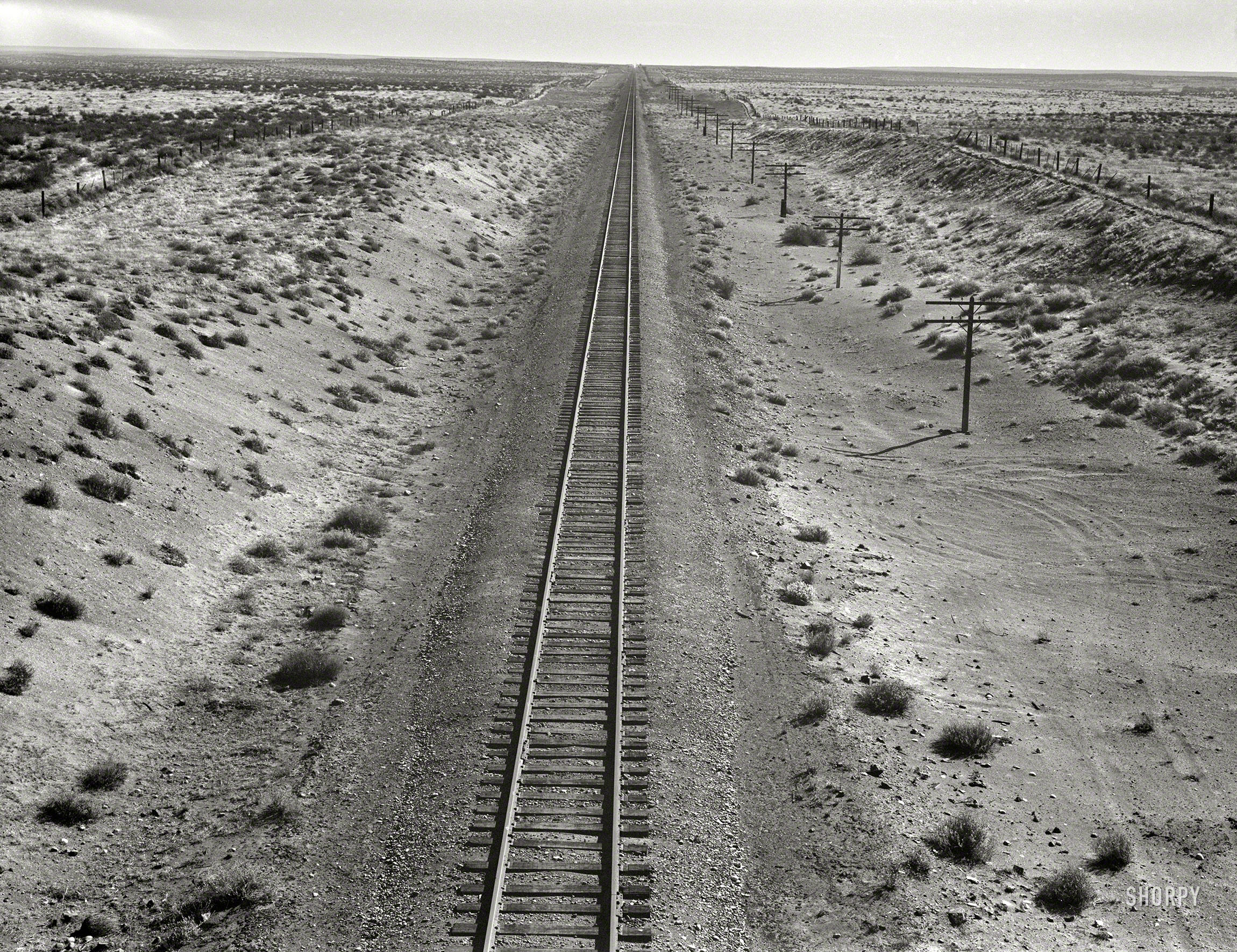 October 1939. "Western Pacific line runs through unclaimed desert of northern Oregon. Ten miles from railroad station at Irrigon. Morrow County, Oregon." Photo by Dorothea Lange for the Farm Security Administration. View full size.
