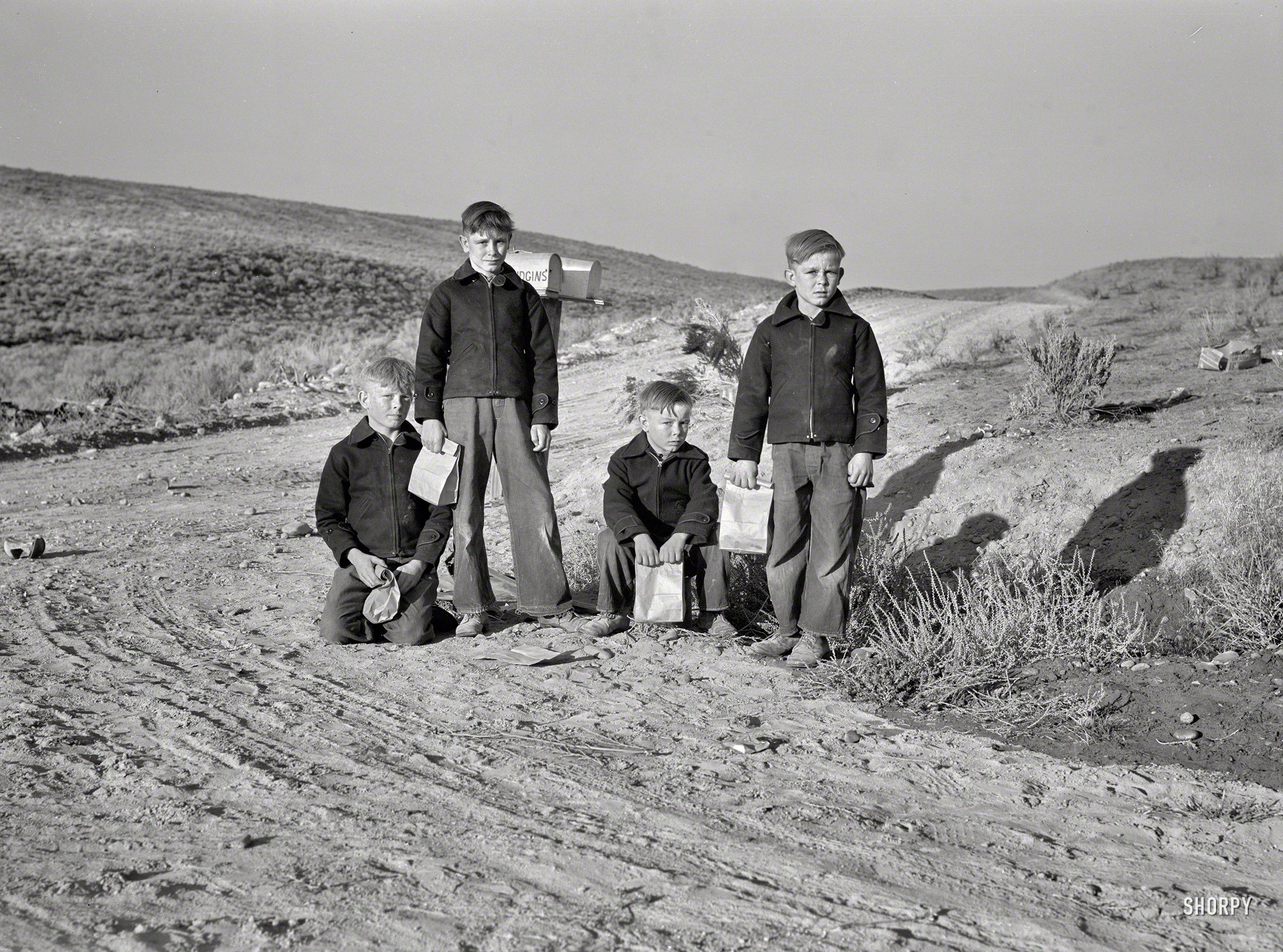October 1939. "Boys from Dead Ox Flat waiting for the school bus in the morning. Malheur County, Oregon." So who is this lady with the camera? Medium format negative by Dorothea Lange for the Resettlement Administration. View full size.