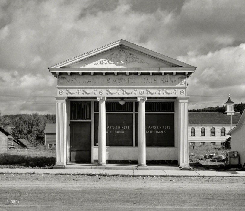August 1937. "Closed bank, northern Minnesota town." Continuing our tour of St. Louis County. Photo by Russell Lee for the Resettlement Admin. View full size.
