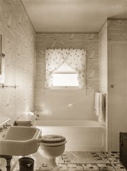 February 1939. "Bathroom of tenant purchase house. Hidalgo County, Texas." Photo by Russell Lee for the Farm Security Administration. View full size.
