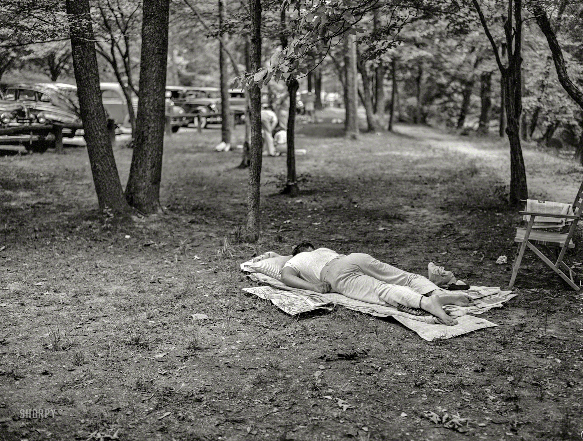July 1942. Washington, D.C. "Man sleeping in Rock Creek Park." Medium format negative by John Ferrell for the Office of War Information. View full size.
