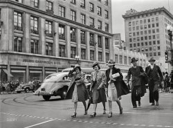 May 1939. Washington, D.C. "Crossing F Street in front of Garfinckel's department store on 14th Street N.W." Medium format acetate negative.  View full size.