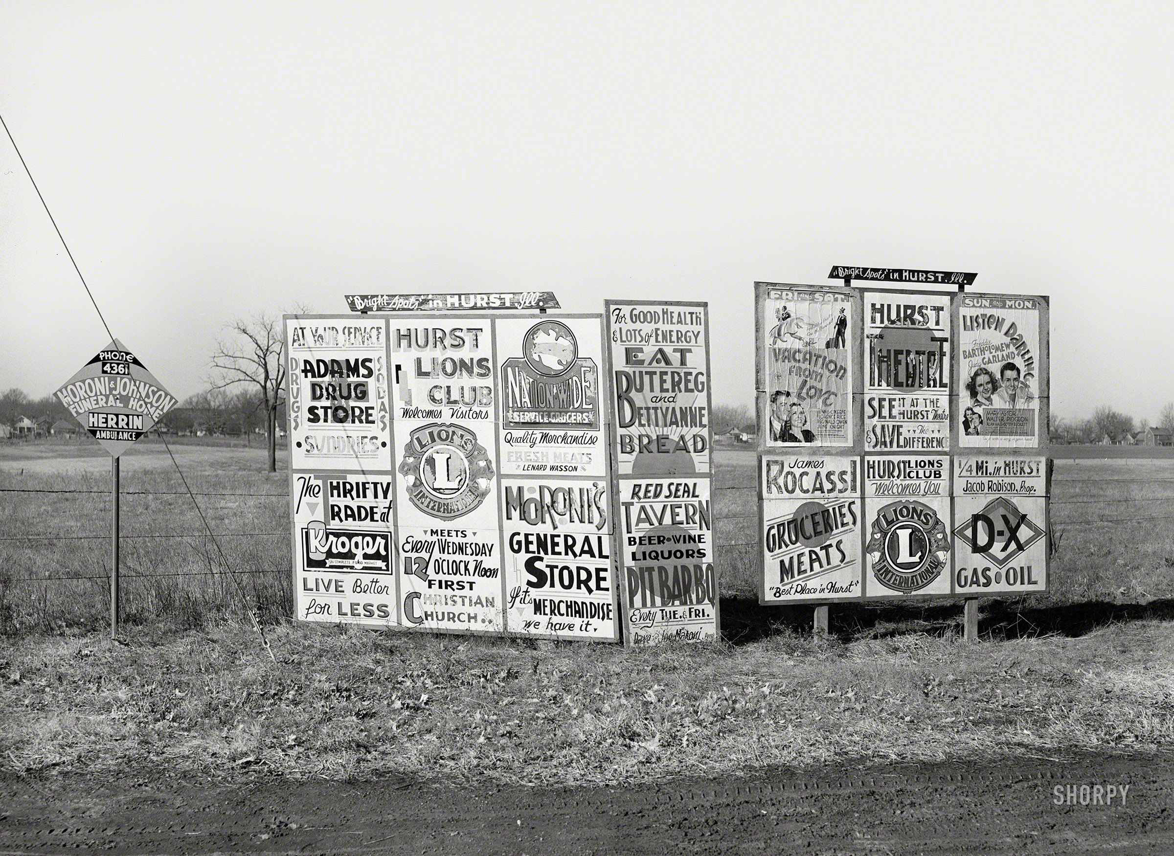 January 1939. "Signs along highway approaching Hurst, Illinois." Photo by Arthur Rothstein for the Farm Security Administration. View full size.