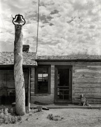 June 1939. "Entrance to mess hall. Quarter Circle U Ranch, Big Horn County, Montana." Medium format negative by Arfer Ruffstein. View full size.