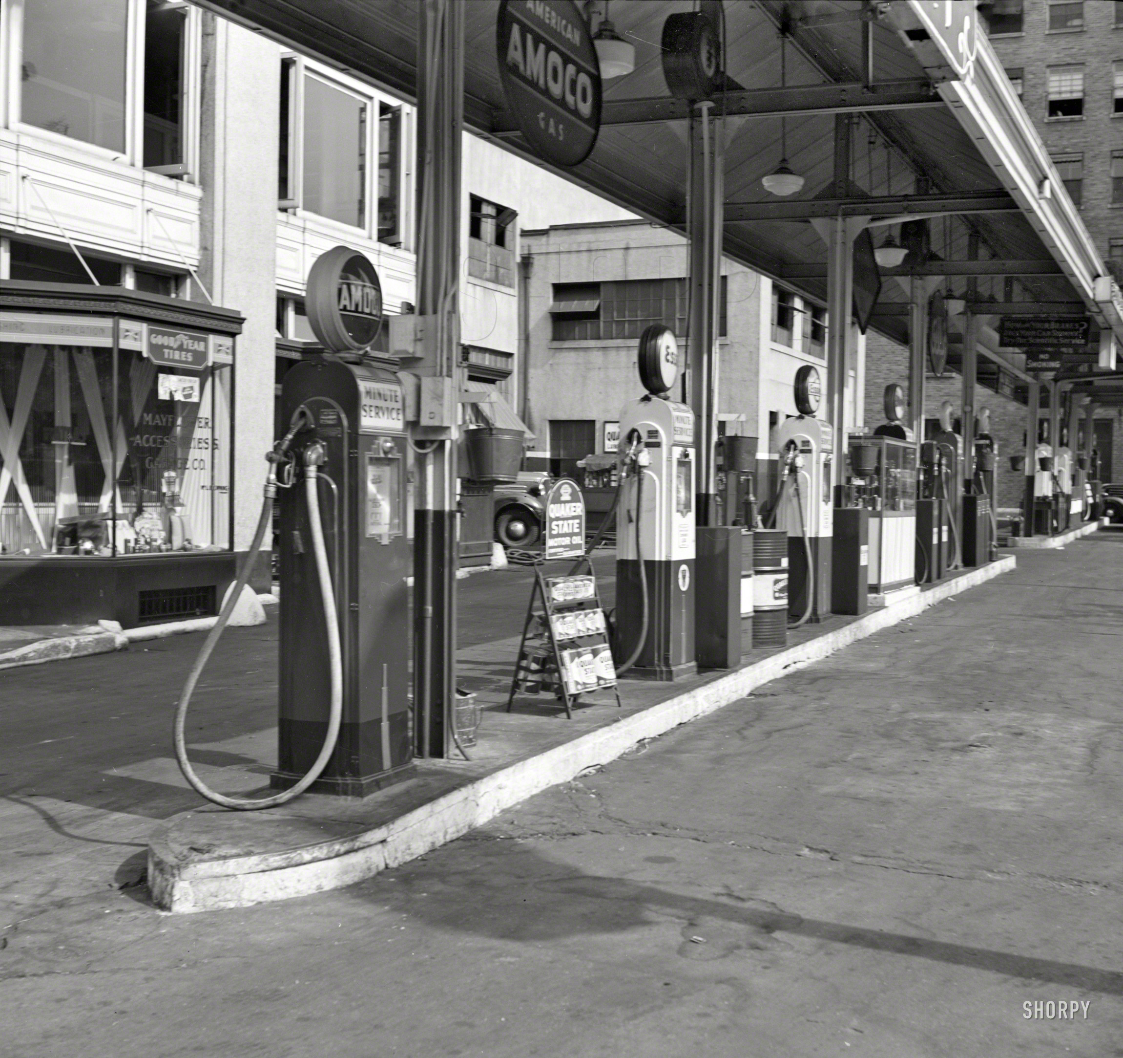 July 1937. "Mayflower Accessories & Garage Co. service station, 17th and L streets N.W." The Washington, D.C., petroleum buffet previously seen here, here, here and here. Medium format negative by Russell Lee. View full size.
