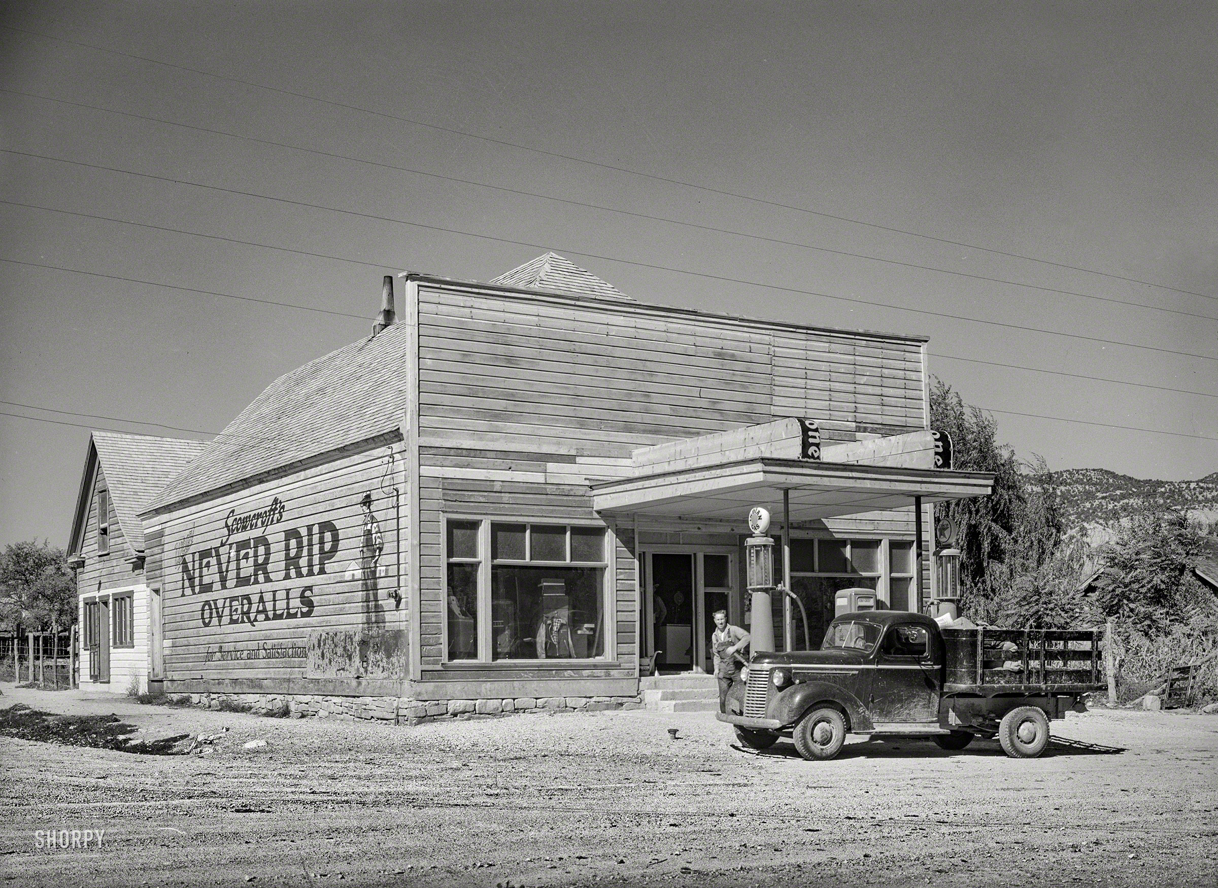 November 1940. "Main store in Tropic, Utah." Medium format acetate negative by Russell Lee for the Farm Security Administration. View full size.