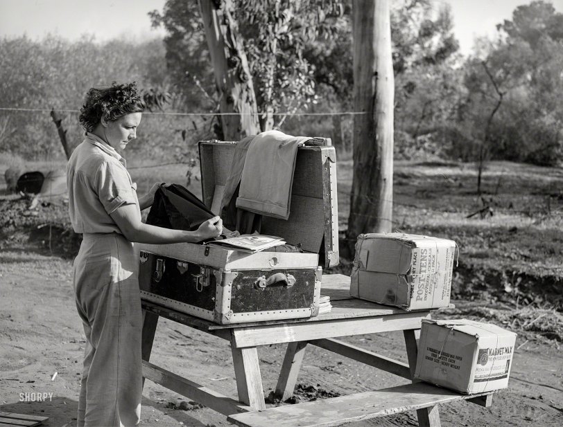 &nbsp; &nbsp; &nbsp; &nbsp; By May 1941, defense jobs had 1,500 people moving into San Diego every day -- seven months before Pearl Harbor.
December 1940. "Carpenter's wife unpacking a trunk at tent camp for defense workers in Mission Valley, California, which is about three miles from San Diego." Medium format acetate negative by Russell Lee documenting life in Southern California during the "Blitz Boom" of 1940. View full size.
