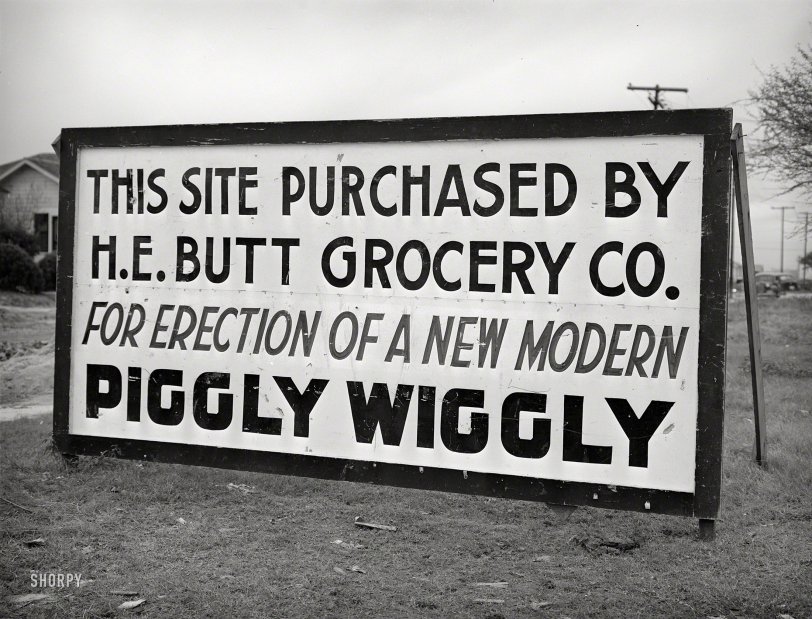 December 1940. Corpus Christi, Texas. "Sign announcing new grocery store in community springing up about five miles from the naval air base under construction." Medium format negative by Russell Lee. View full size.
